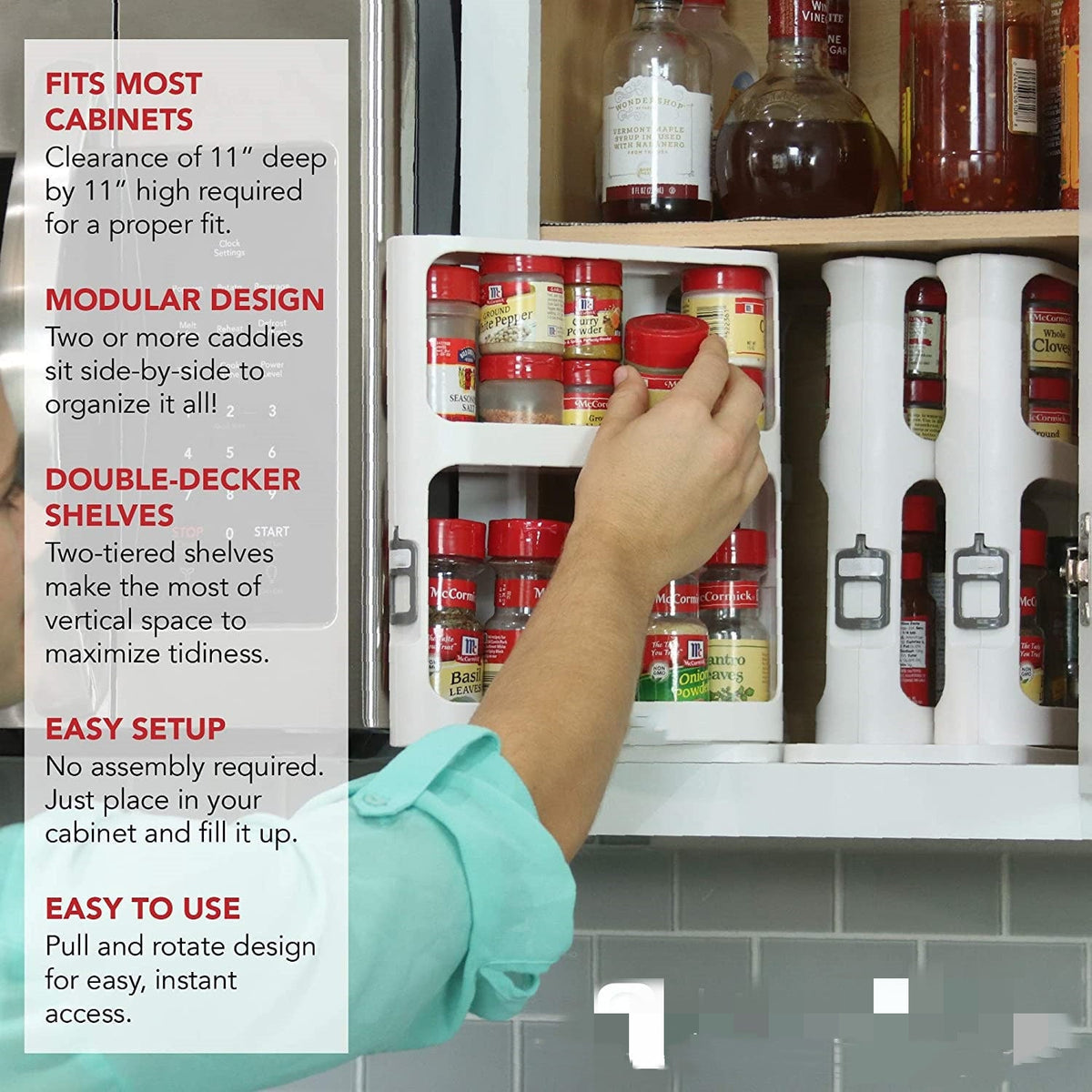Two-Tier Rotating Spice Rack Organizer for Kitchen Cabinet with Pull-Out Sliding Base