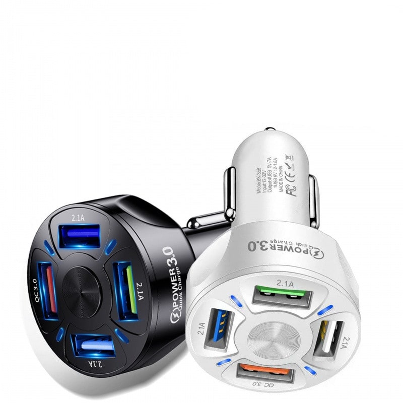 USB Car Charger Adapter with Four Ports and Fast Charge for Mobile Phones Usbc