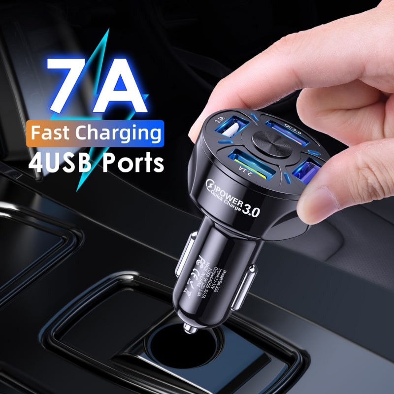USB Car Charger Adapter with Four Ports and Fast Charge for Mobile Phones Usbc