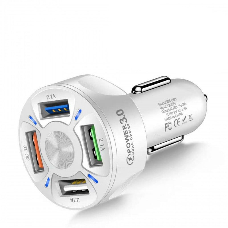 USB Car Charger Adapter with Four Ports and Fast Charge for Mobile Phones Usbc
