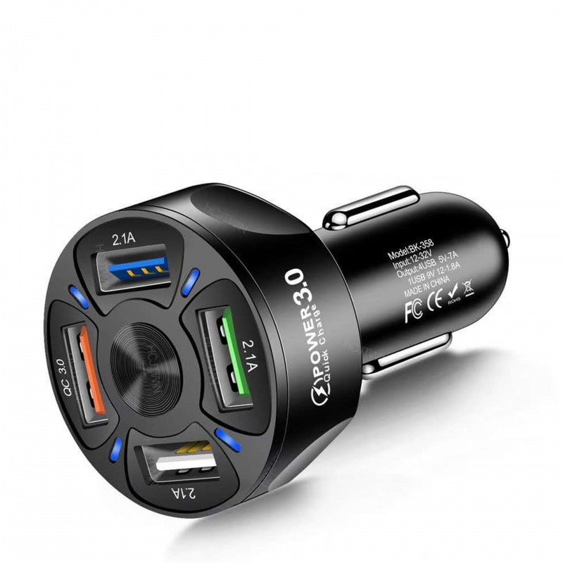 USB Car Charger Adapter with Four Ports and Fast Charge for Mobile Phones Usbc