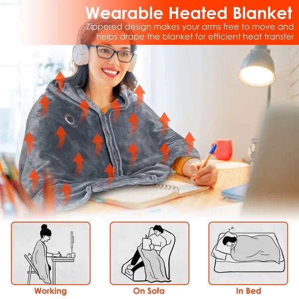 USB Heated Wearable Blanket Shawl with Zipper Eight Heating Zones Soft Fleece 59 X 31 Inches