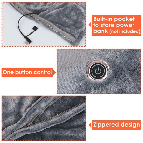 USB Heated Wearable Blanket Shawl with Zipper Eight Heating Zones Soft Fleece 59 X 31 Inches