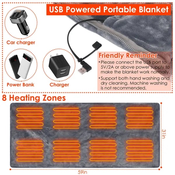 USB Heated Wearable Blanket Shawl with Zipper Eight Heating Zones Soft Fleece 59 X 31 Inches