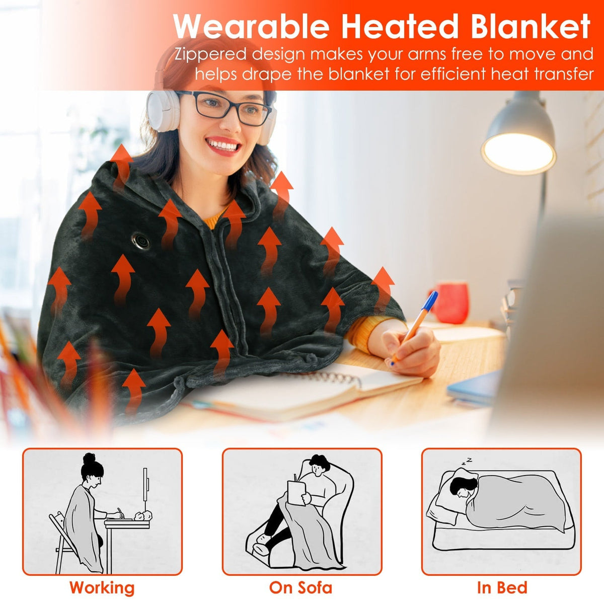 USB Wearable Heated Blanket with Zipper Fleece Throw Wrap and Electric Shawl 59x31in