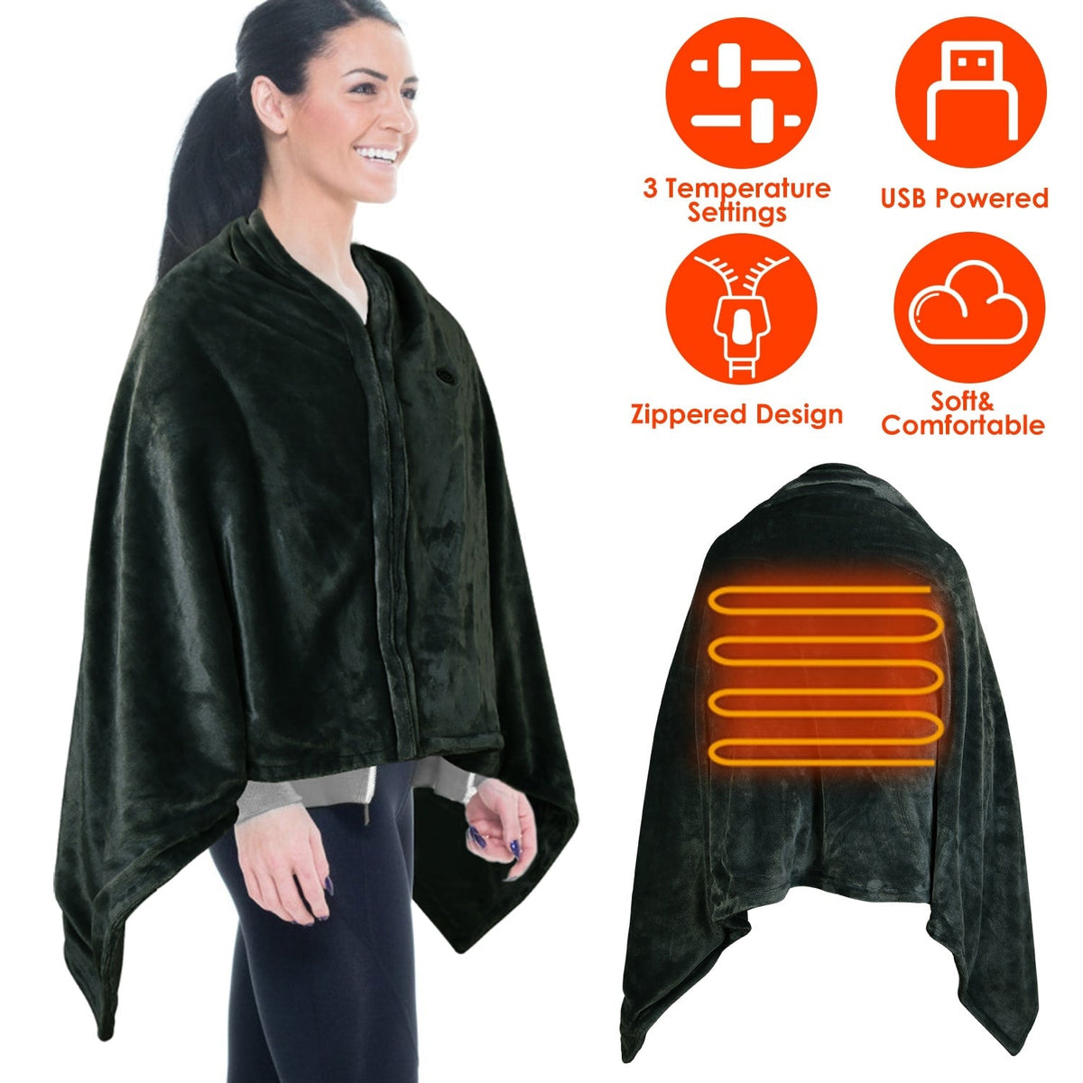USB Wearable Heated Blanket with Zipper Fleece Throw Wrap and Electric Shawl 59x31in