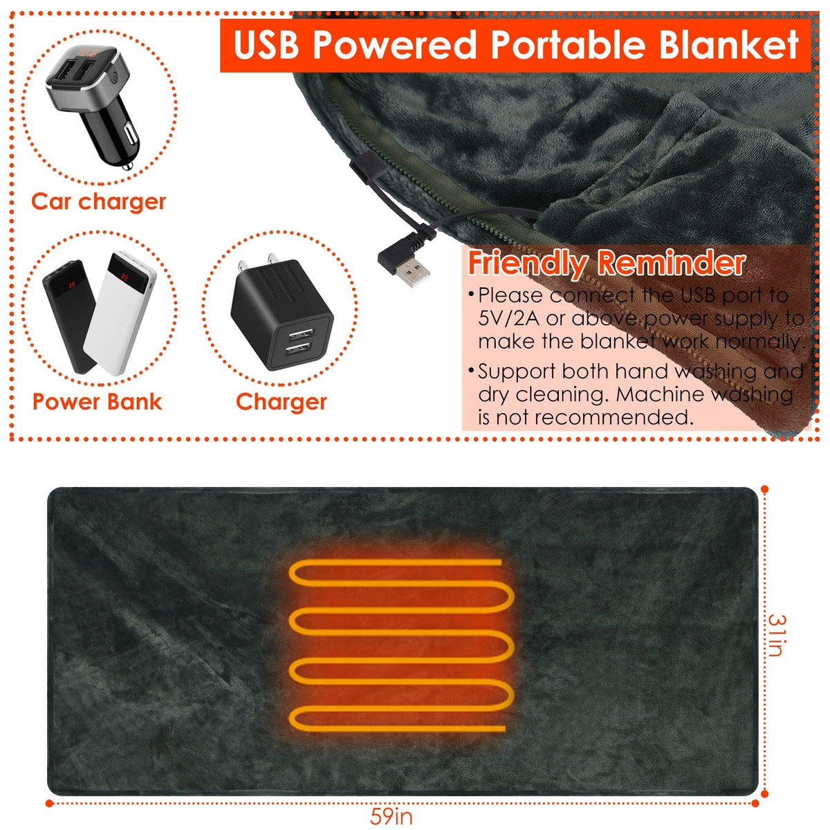 USB Wearable Heated Blanket with Zipper Fleece Throw Wrap and Electric Shawl 59x31in