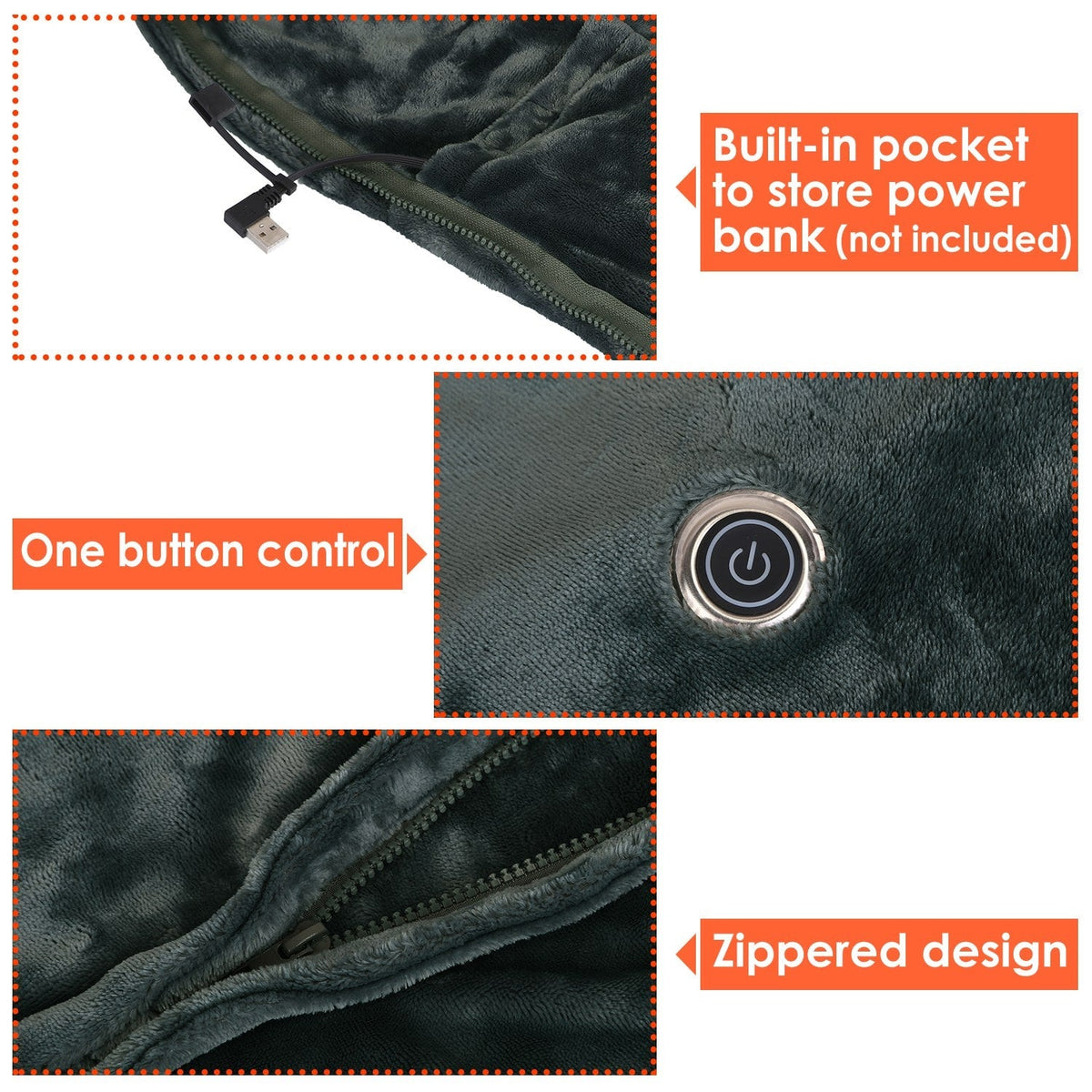 USB Wearable Heated Blanket with Zipper Fleece Throw Wrap and Electric Shawl 59x31in