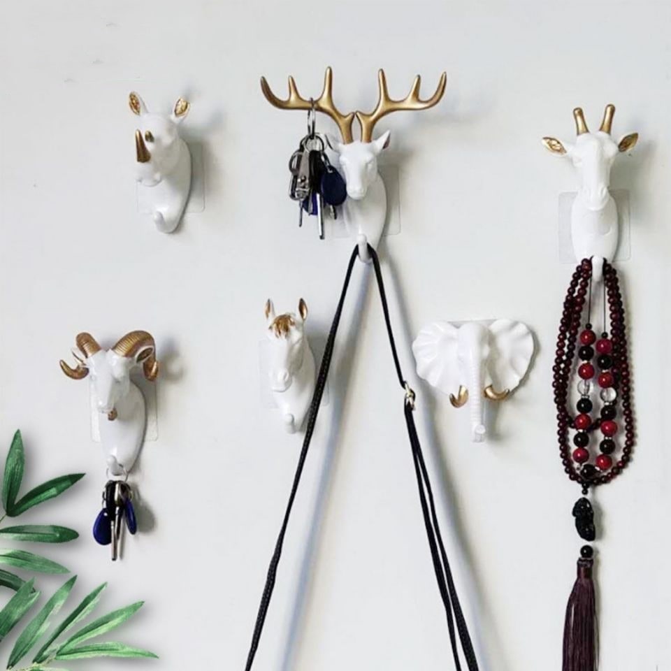 Wall Hook Key Hanger and Ring Holder with Resin Animal Head Design and No-Drill Mounting