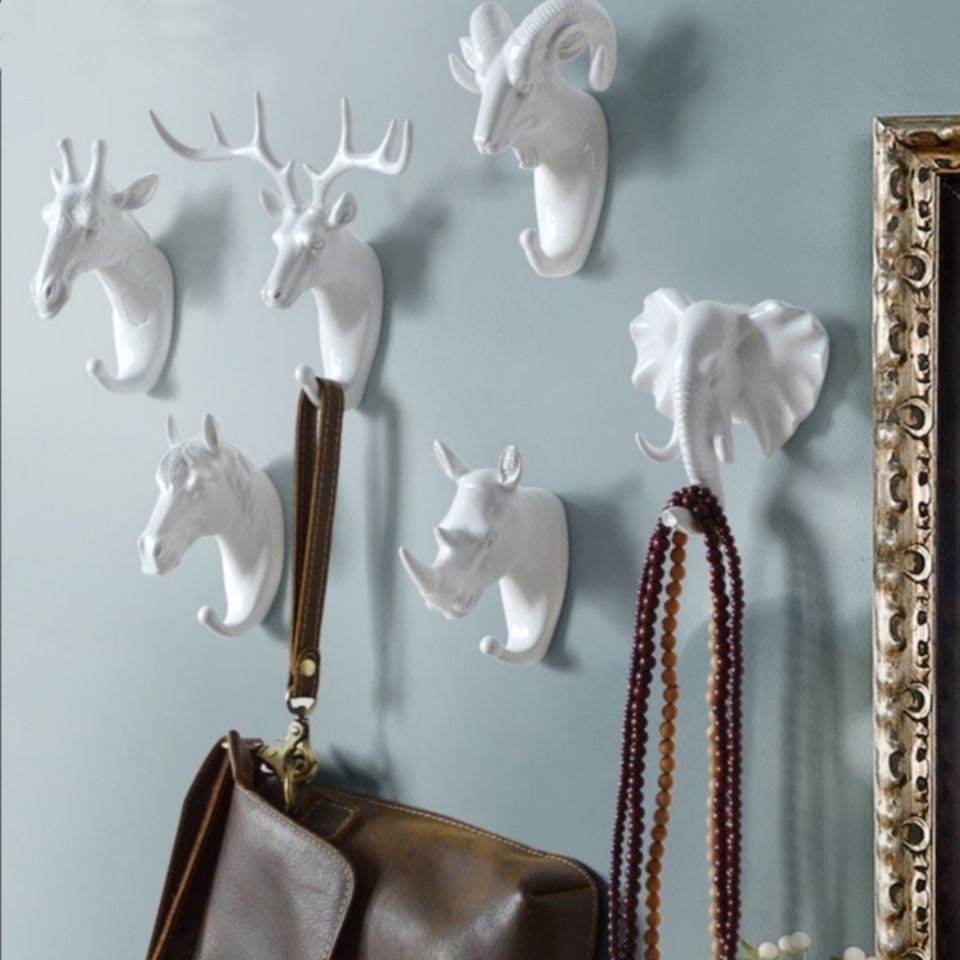 Wall Hook Key Hanger and Ring Holder with Resin Animal Head Design and No-Drill Mounting