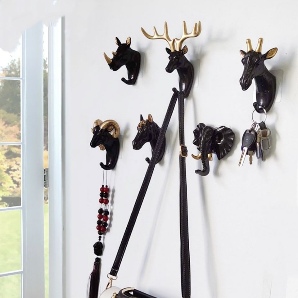 Wall Hook Key Hanger and Ring Holder with Resin Animal Head Design and No-Drill Mounting