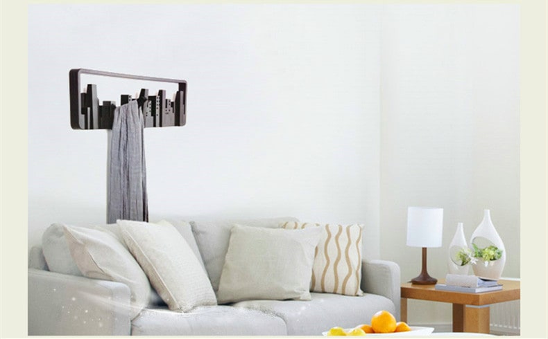 Wall Mounted and Hung Coat Rack with 5 Flip-Down Hooks Decorative Cityscape Design Wooden