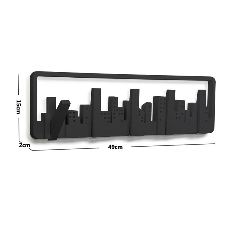 Wall Mounted and Hung Coat Rack with 5 Flip-Down Hooks Decorative Cityscape Design Wooden