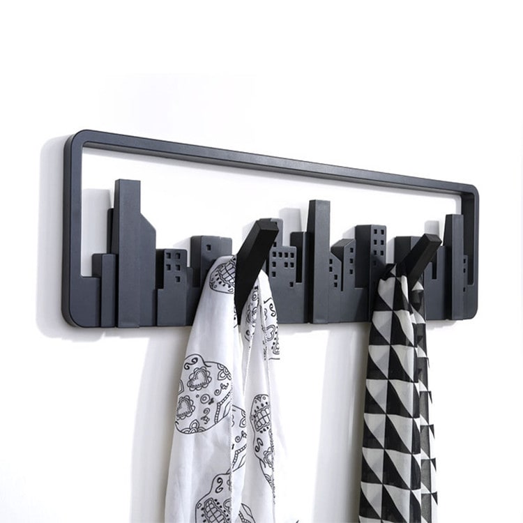 Wall Mounted and Hung Coat Rack with 5 Flip-Down Hooks Decorative Cityscape Design Wooden