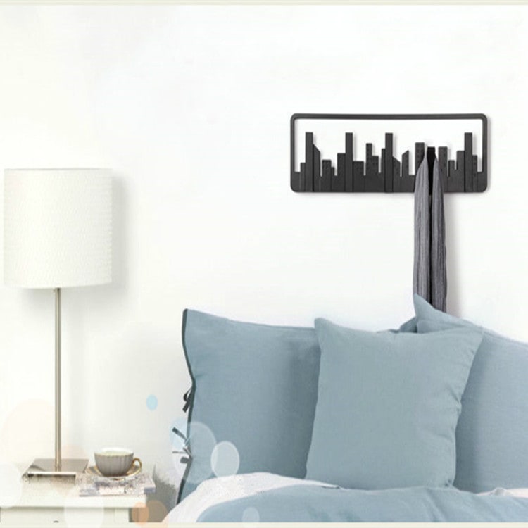 Wall Mounted and Hung Coat Rack with 5 Flip-Down Hooks Decorative Cityscape Design Wooden