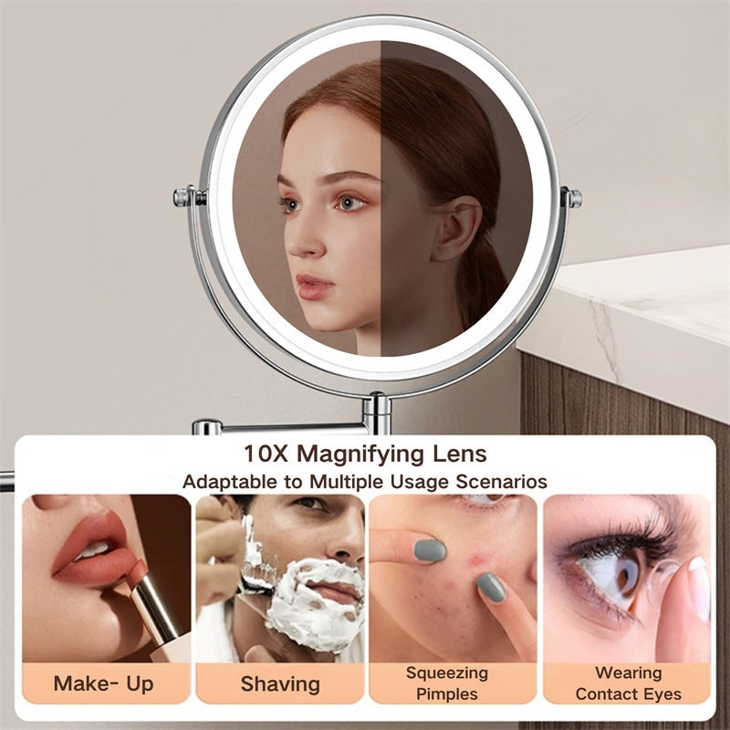 Wall Mounted Vanity Mirror for Makeup with LED Lights 10x Magnification and Folding Arm