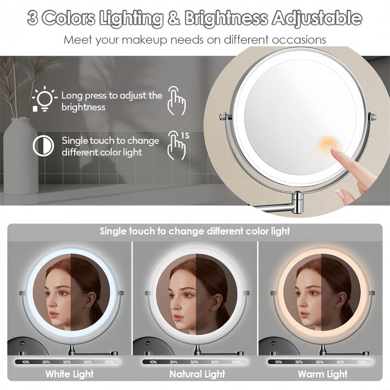 Wall Mounted Vanity Mirror for Makeup with LED Lights 10x Magnification and Folding Arm