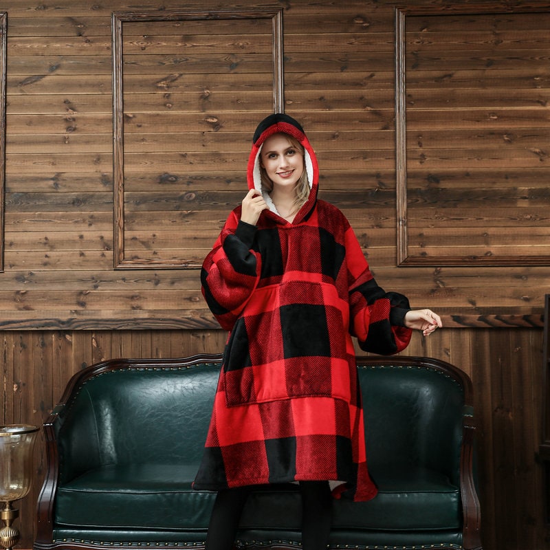 Wearable Blanket Hoodie with Sherpa Lining Oversized Fleece Pullover