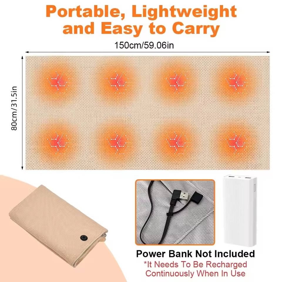 Wearable Heated Blanket Throw with USB Power Zipper Closure and 8 Heating Zones