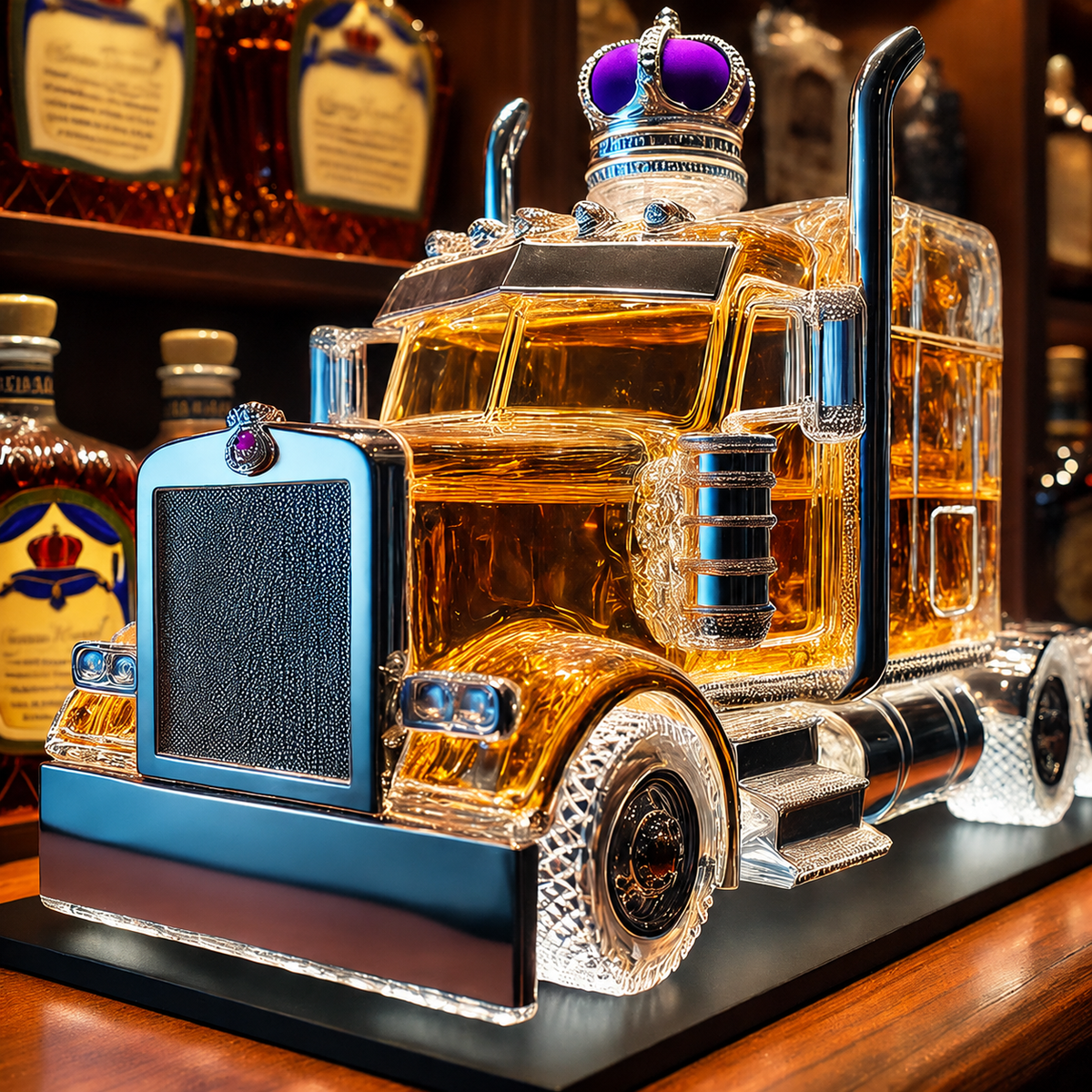 Whiskey Decanter and Glass Set with Semi Truck Design and Chrome Accents Personalised