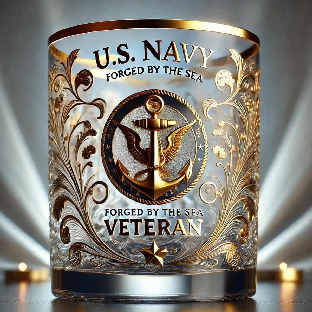 Whiskey Glass Drinking Rocks Gold Rim Embossed Veteran Gift