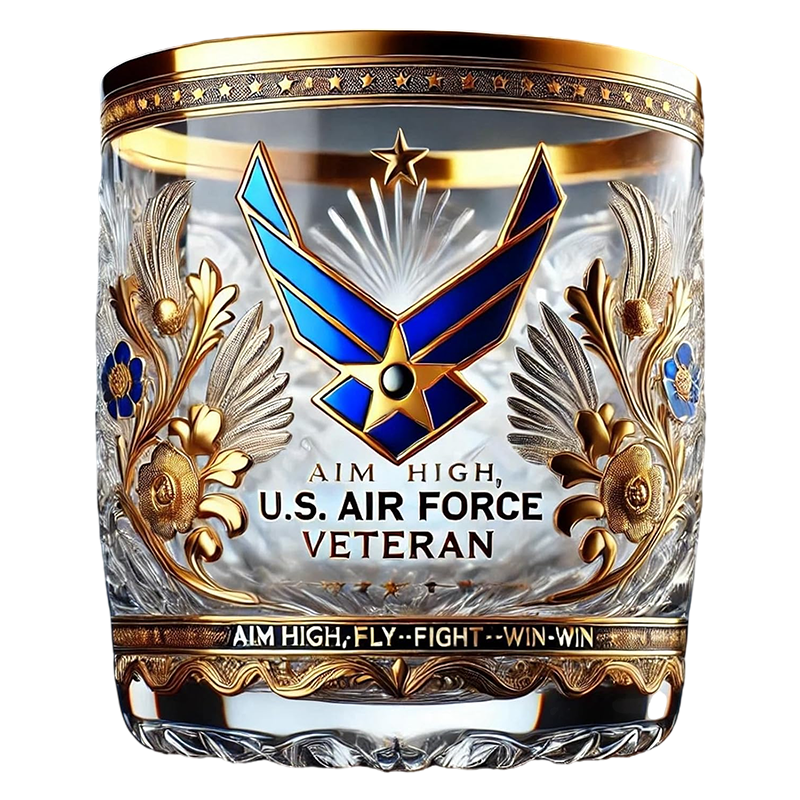 Whiskey Glass Drinking Rocks Gold Rim Embossed Veteran Gift