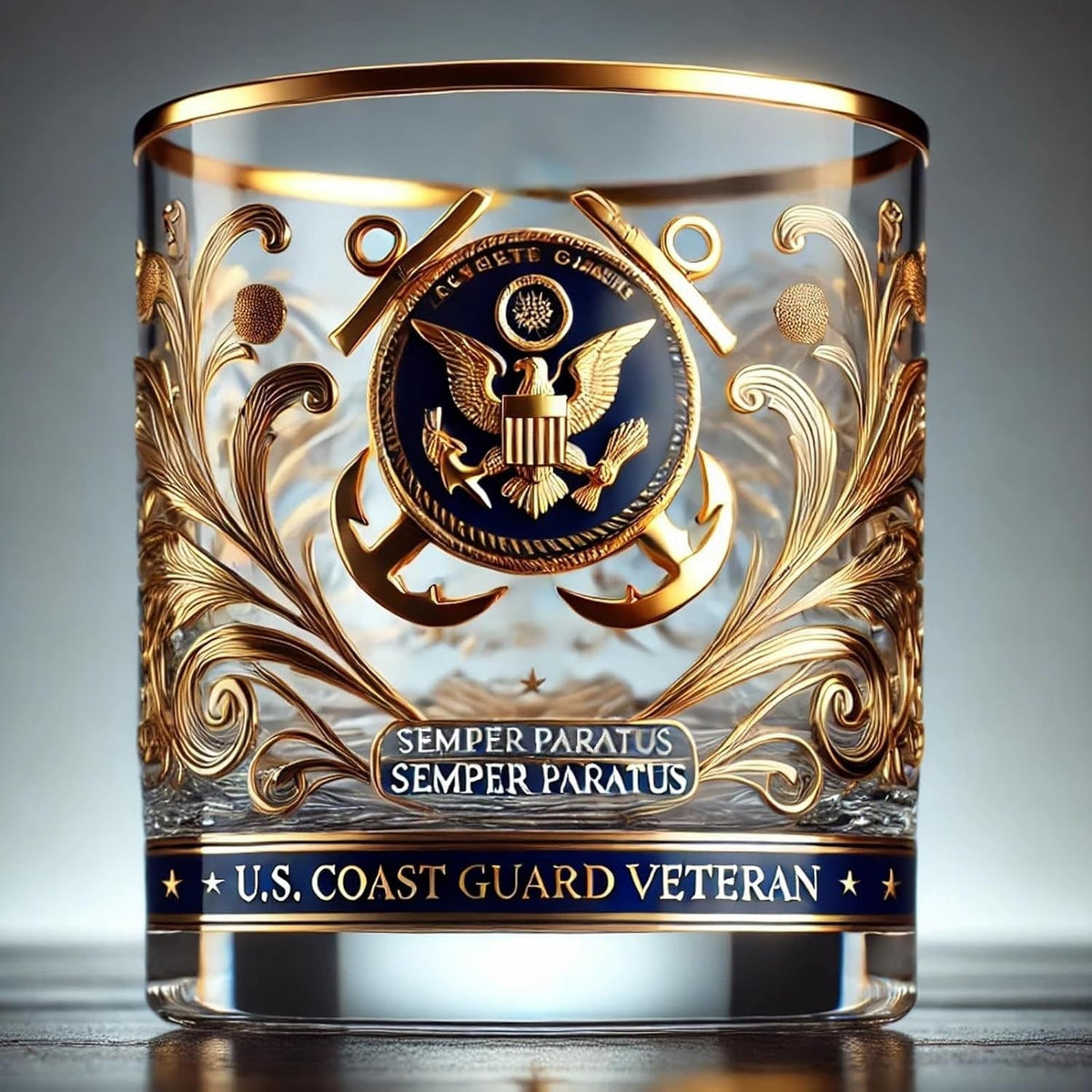 Whiskey Glass Drinking Rocks Gold Rim Embossed Veteran Gift