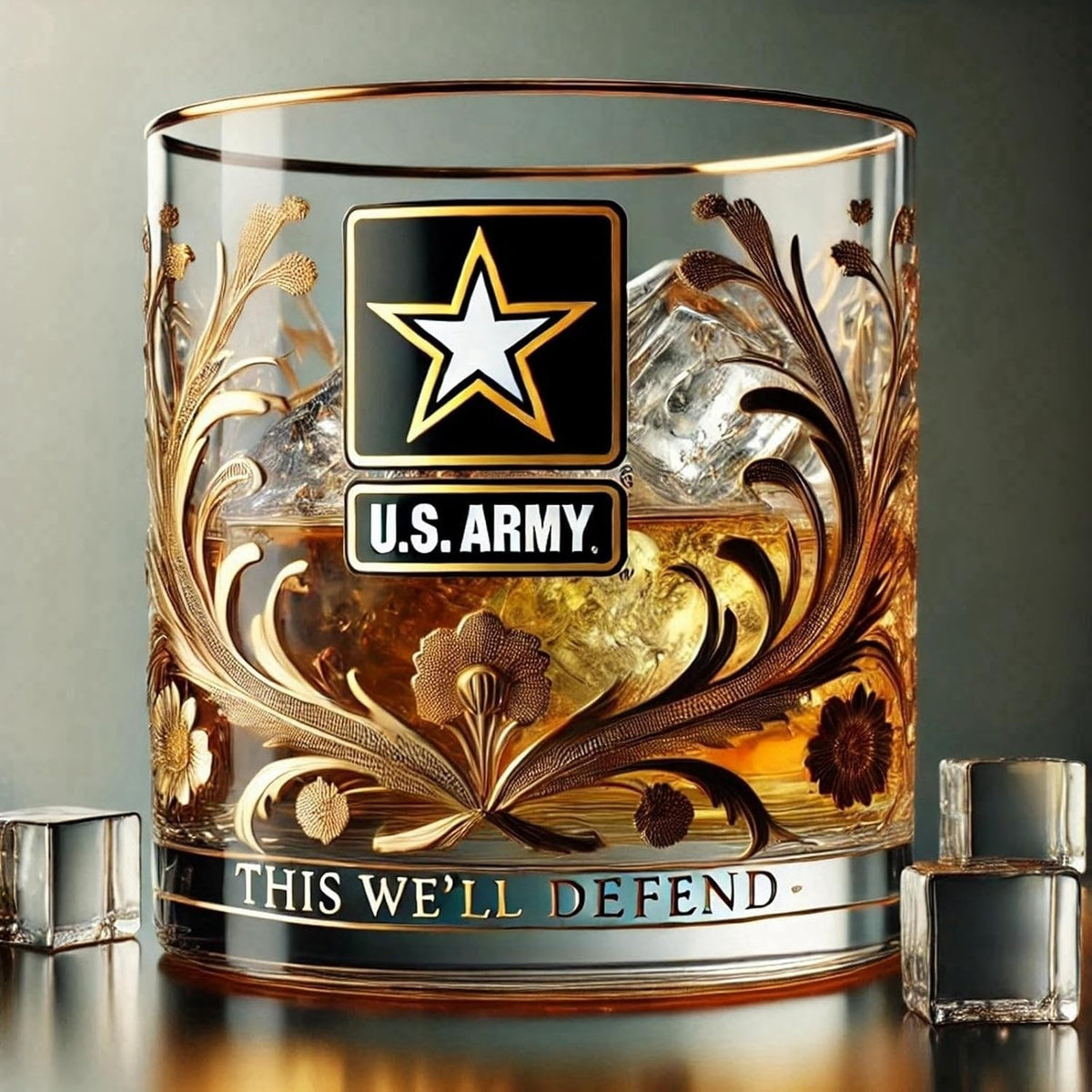 Whiskey Glass Drinking Rocks Gold Rim Embossed Veteran Gift