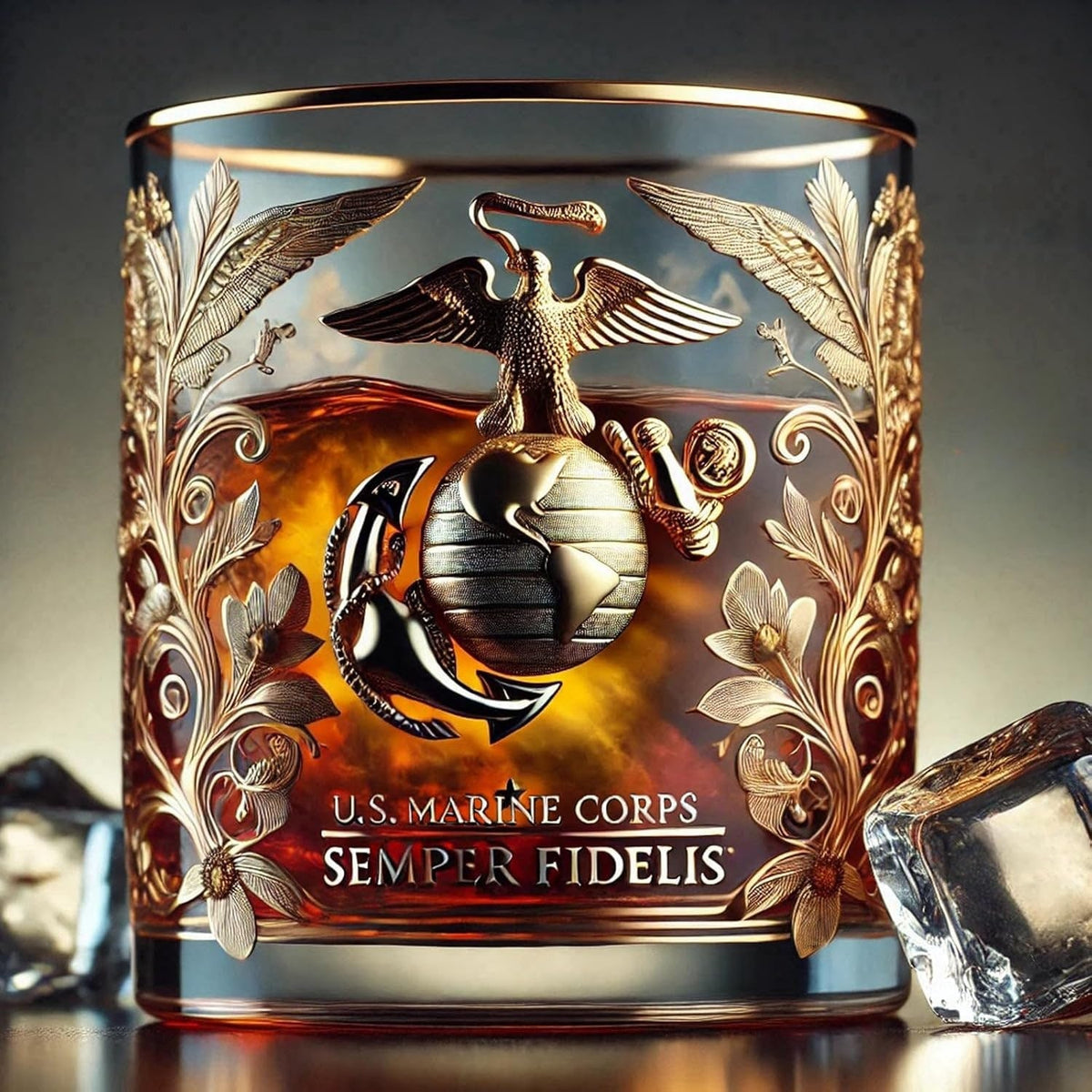 Whiskey Glass Rocks Tumbler Gold Filigree Emblem Veteran Crystal Clear