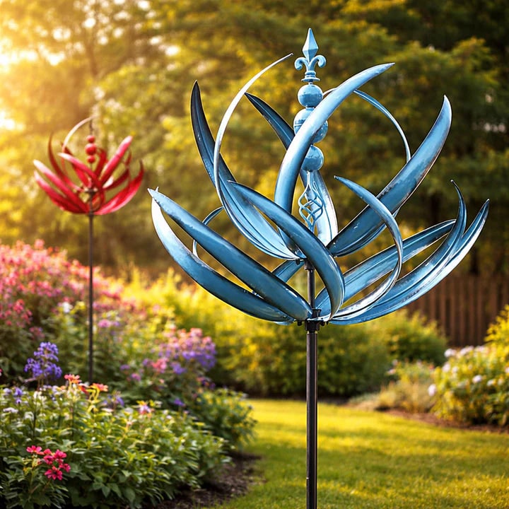 Wind Spinner Metal Garden Stake with Lotus Flower Design and 360 Degree Rotation Yard