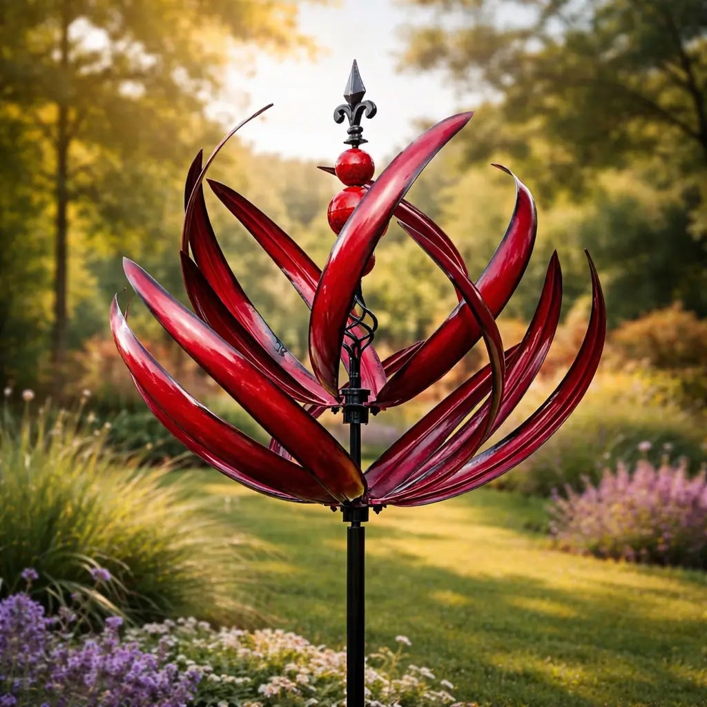 Wind Spinner Metal Garden Stake with Lotus Flower Design and 360 Degree Rotation Yard