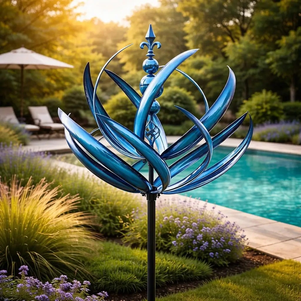Wind Spinner Metal Garden Stake with Lotus Flower Design and 360 Degree Rotation Yard