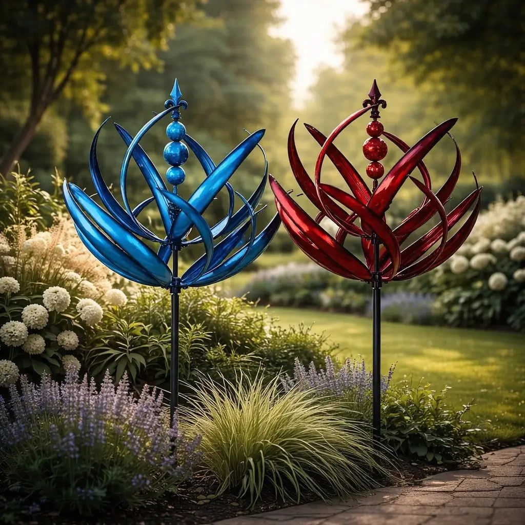 Wind Spinner Metal Garden Stake with Lotus Flower Design and 360 Degree Rotation Yard