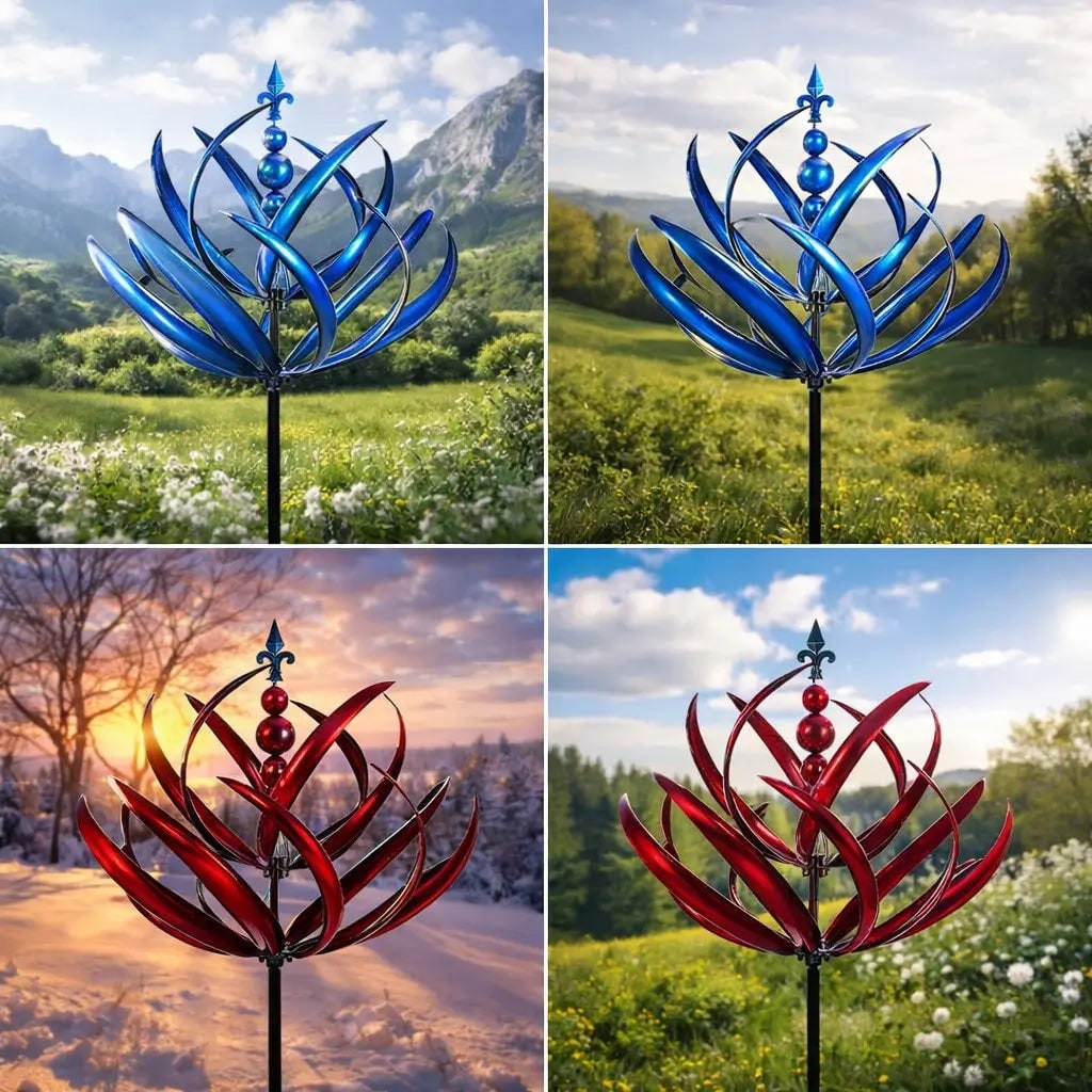 Wind Spinner Metal Garden Stake with Lotus Flower Design and 360 Degree Rotation Yard