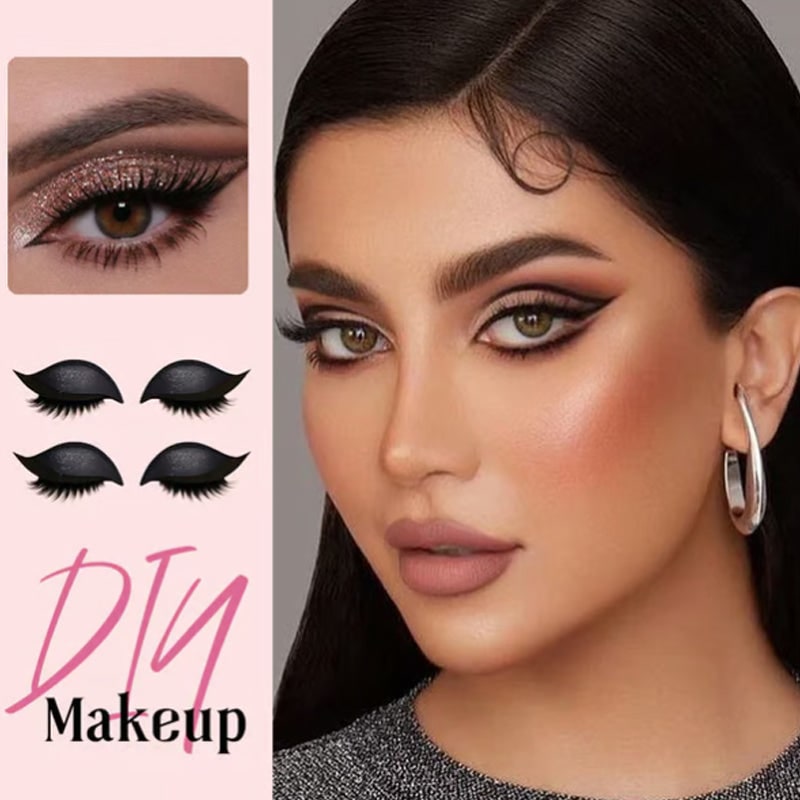 Winged Eyeliner Stickers with False Lashes and Glitter Eyeshadow
