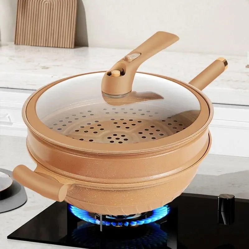 Wok Pan Non Stick Steamer Basket Glass Lid Speckled