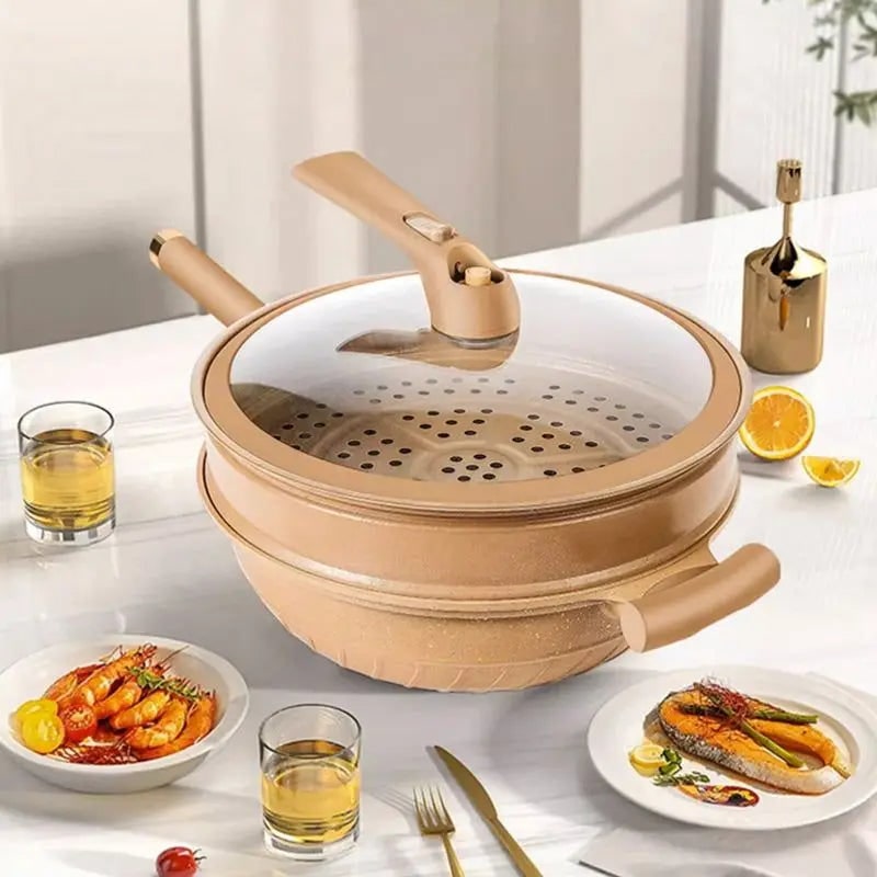 Wok Pan Non Stick Steamer Basket Glass Lid Speckled