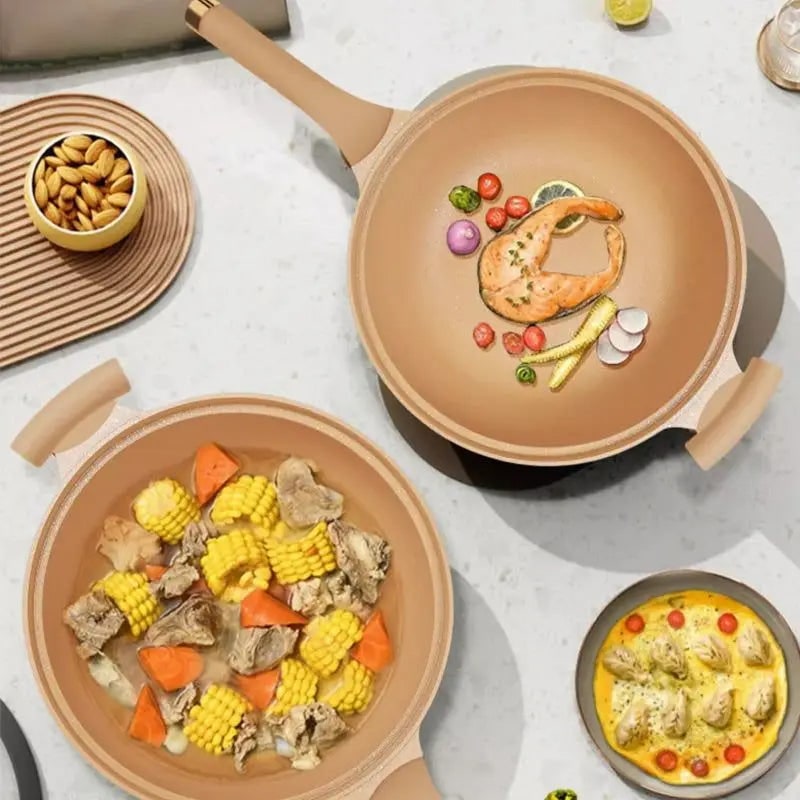 Wok Pan Non Stick Steamer Basket Glass Lid Speckled