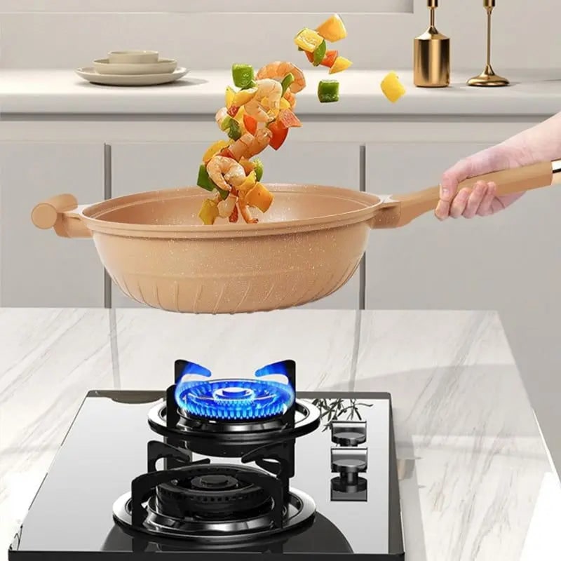 Wok Pan Non Stick Steamer Basket Glass Lid Speckled
