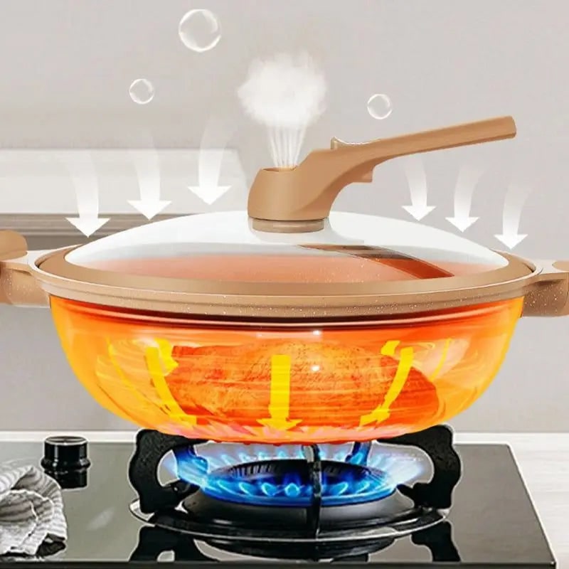 Wok Pan Non Stick Steamer Basket Glass Lid Speckled
