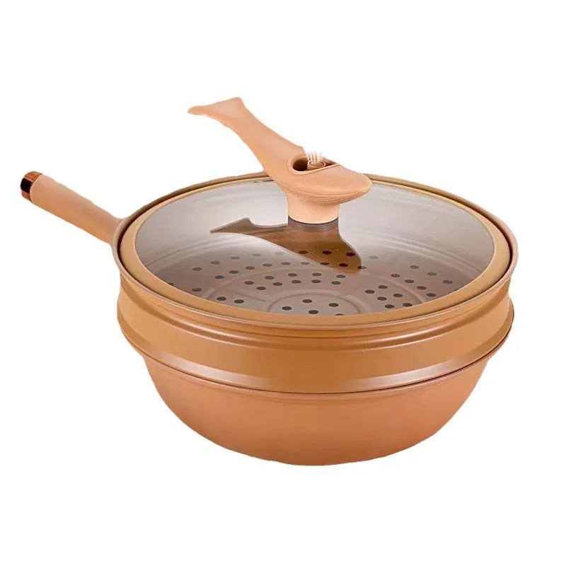 Wok Pan Non Stick Steamer Basket Glass Lid Speckled