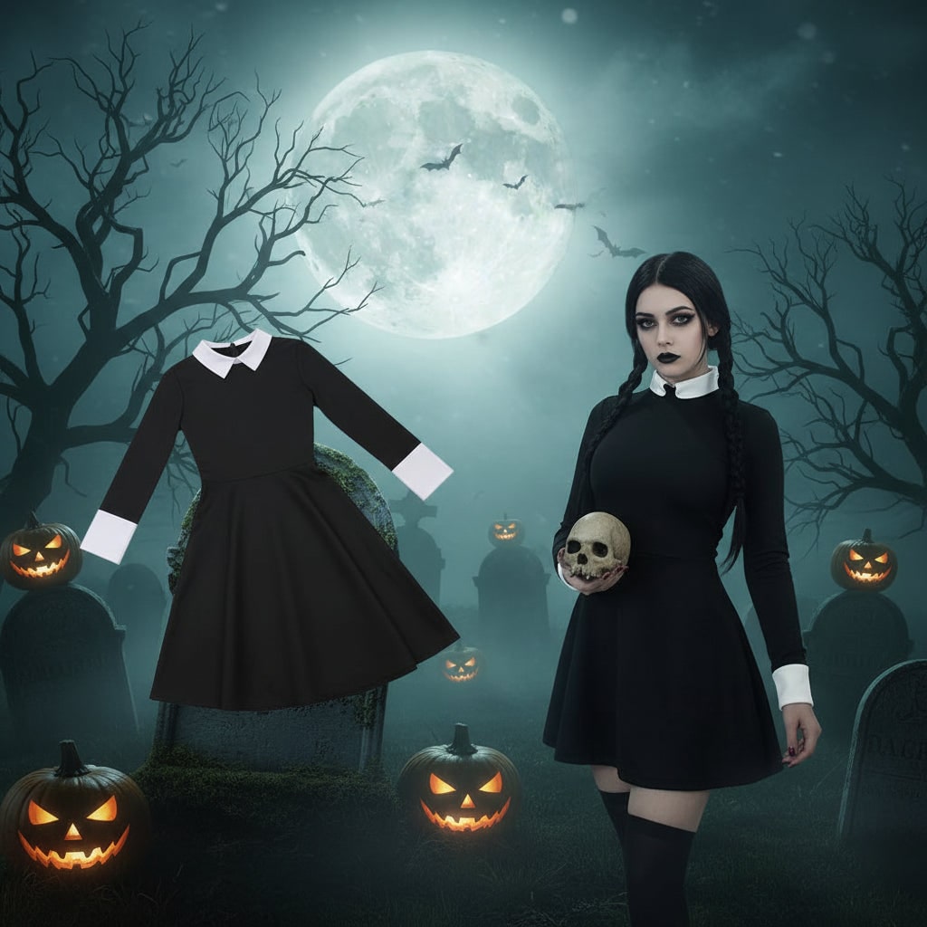 Women's Halloween Costume gothic schoolgirl with White Collar and Long Sleeves Party Outfit