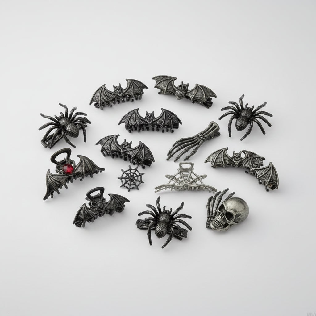 Women's Halloween Hair Claw Clips with Skeleton Hand Bat Wing and Spiderweb Metal Decorative Design