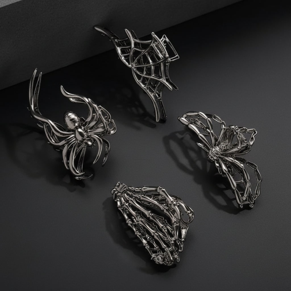Women's Halloween Hair Claw Clips with Skeleton Hand Bat Wing and Spiderweb Metal Decorative Design