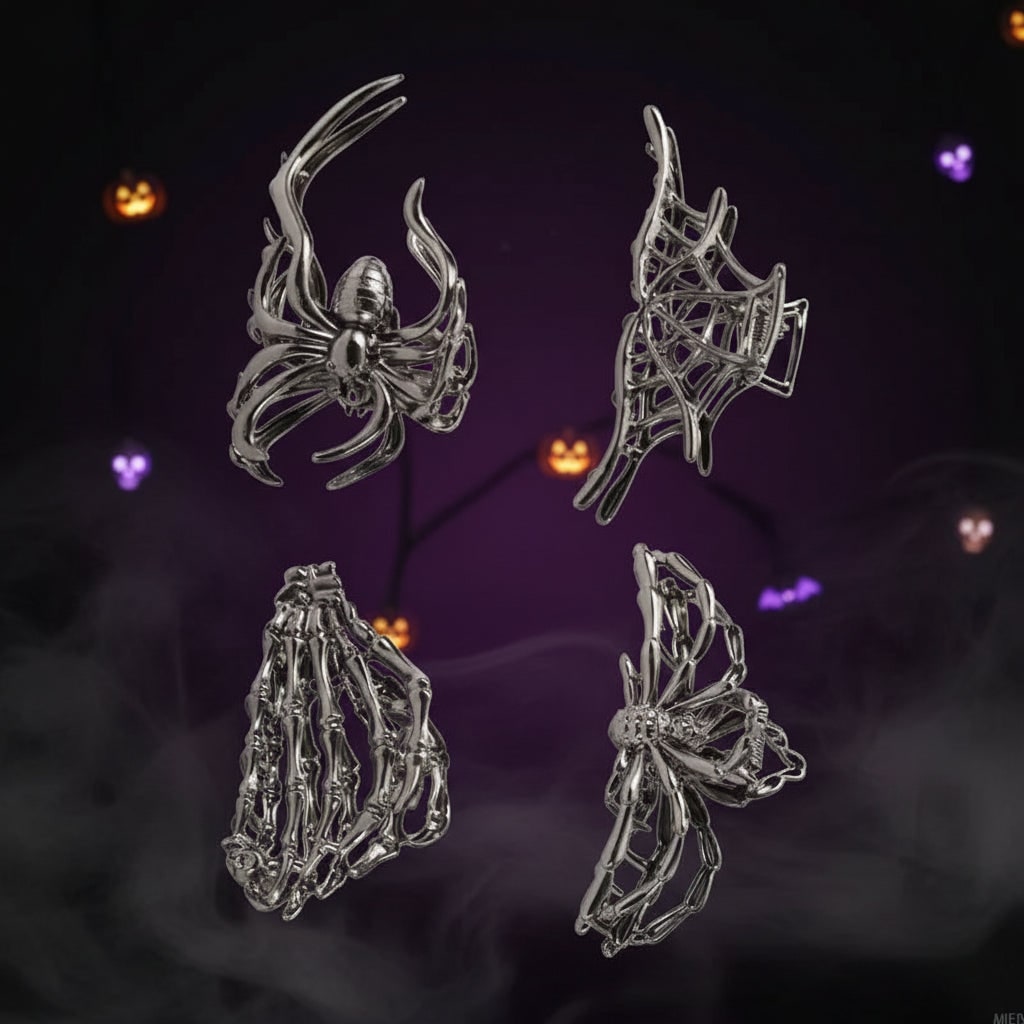Women's Halloween Hair Claw Clips with Skeleton Hand Bat Wing and Spiderweb Metal Decorative Design