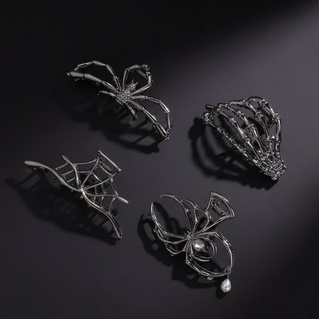 Women's Halloween Hair Claw Clips with Skeleton Hand Bat Wing and Spiderweb Metal Decorative Design