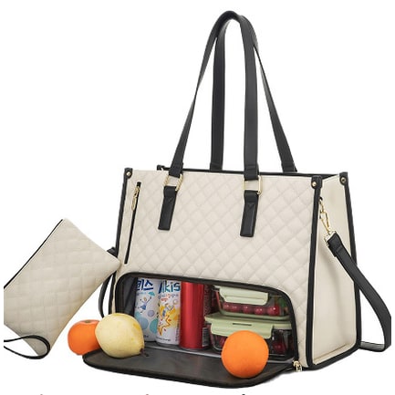 Women's Insulated Lunch Bag Tote with Quilted Faux Leather and Matching Wristlet Purse
