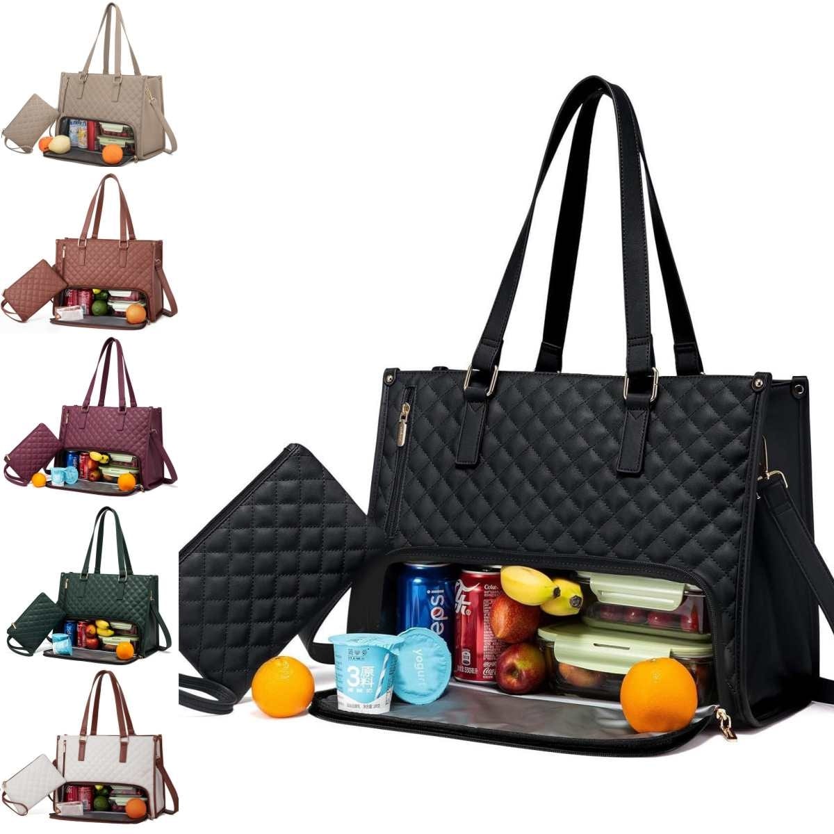 Women's Insulated Lunch Bag Tote with Quilted Faux Leather and Matching Wristlet Purse