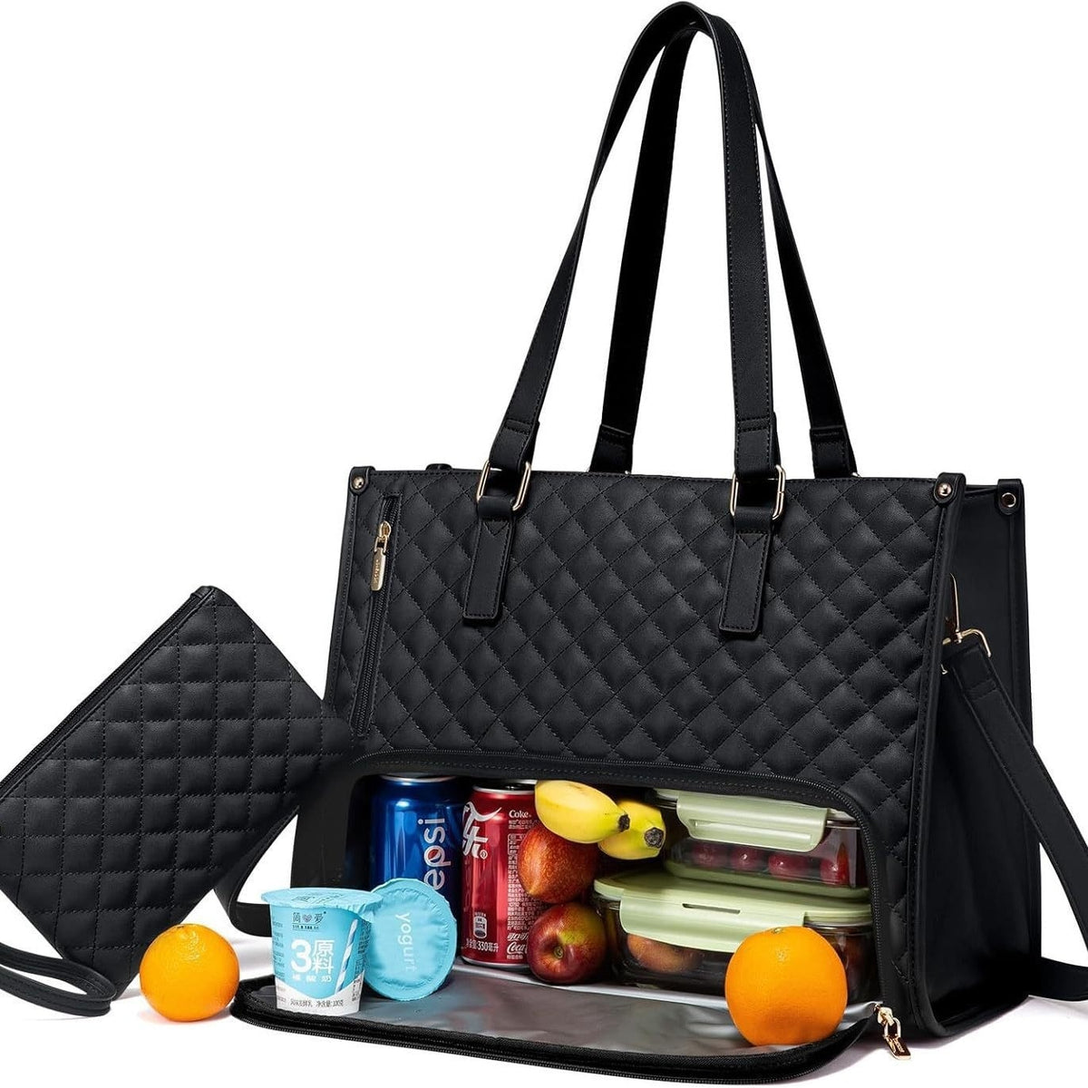 Women's Insulated Lunch Bag Tote with Quilted Faux Leather and Matching Wristlet Purse