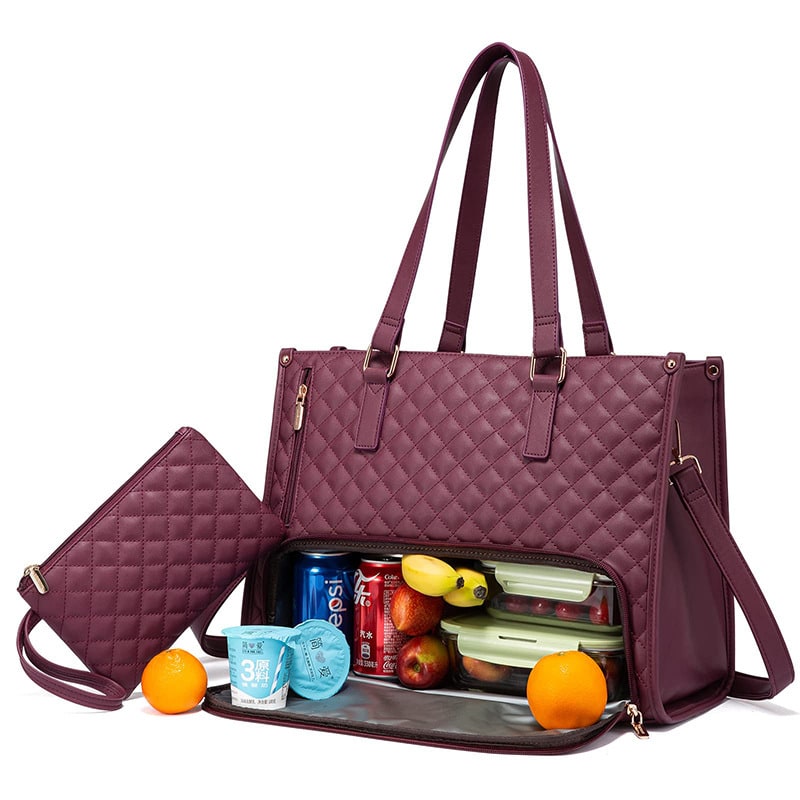 Women's Insulated Lunch Bag Tote with Quilted Faux Leather and Matching Wristlet Purse